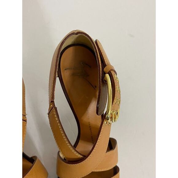 Giuseppe Zanotti 37 7 Heels Camel Tan Leather Sandals Open Toe Ankle Strap Pump - Picture 6 of 8
